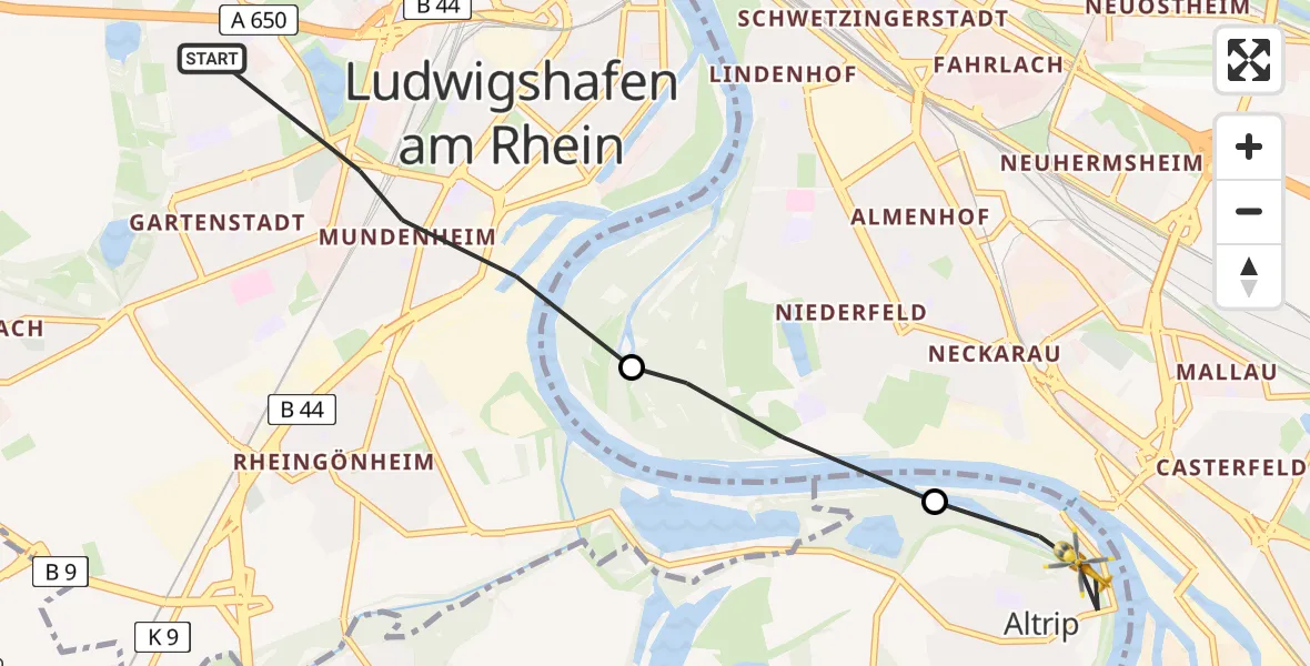 Flugroute Rettungshubschrauber Ludwigshafen am Rhein - Altrip, 15 Februar 2026, 11:42