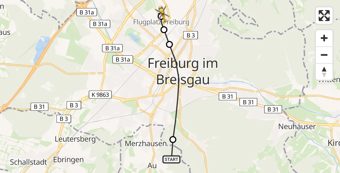 Flugroute Rettungshubschrauber Au - Freiburg im Breisgau Airfield, 15 Februar 2026, 11:51