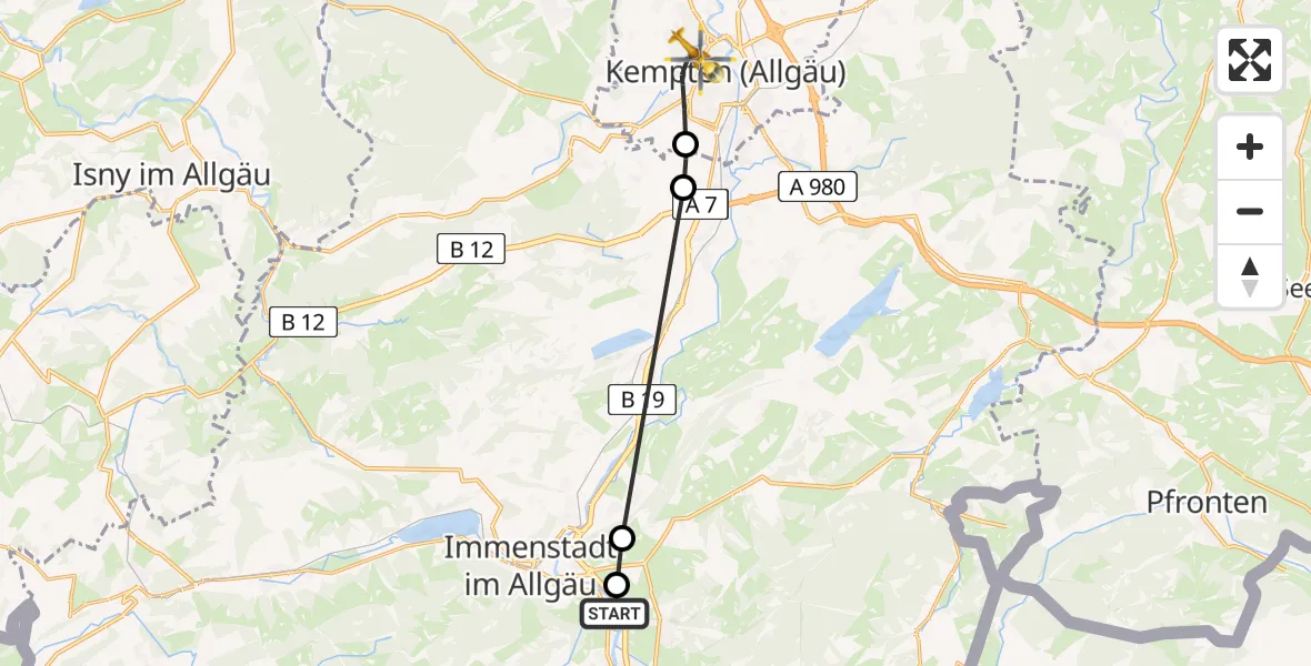 Flugroute Rettungshubschrauber Blaichach - Kempten (Allgäu), 15 Februar 2026, 11:56