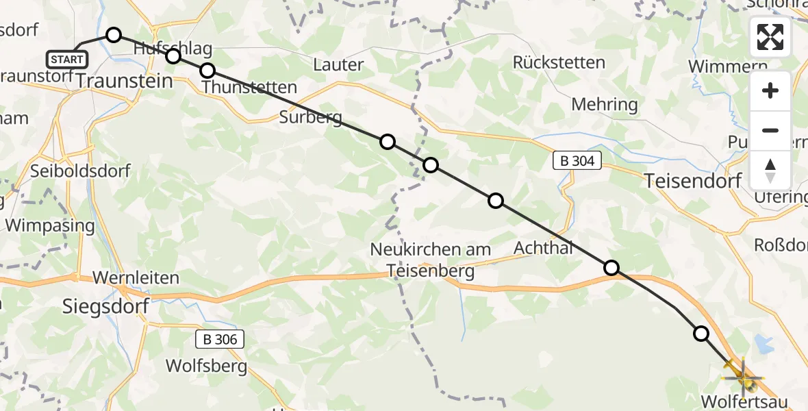 Flugroute Rettungshubschrauber Traunstein Hospital Helipad - Wolfertsau, 15 Februar 2026, 11:59