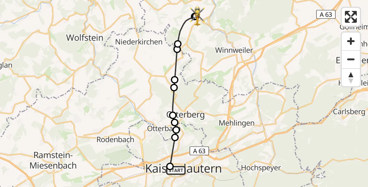 Flugroute Rettungshubschrauber Westpfalz Hospital Kaiserslautern Heliport - Imsweiler UL, 15 Februar 2026, 12:01