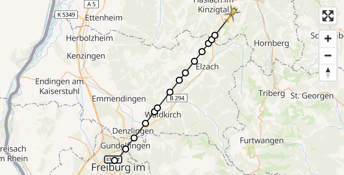 Flugroute Rettungshubschrauber Freiburg im Breisgau Airfield - Mühlenbach, 15 Februar 2026, 12:08