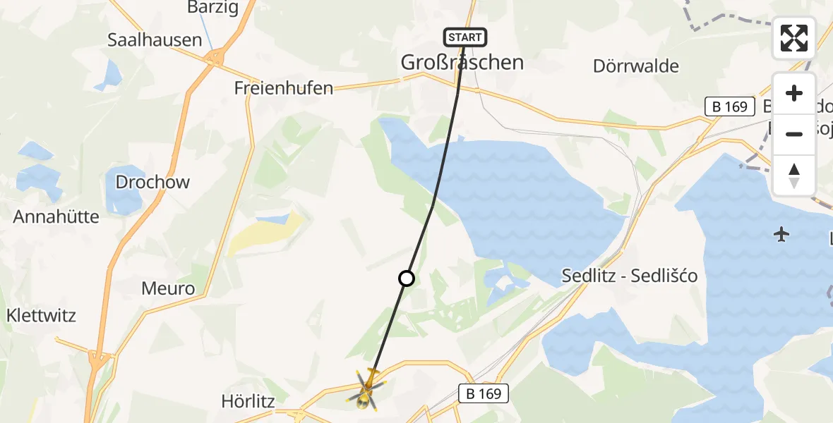 Flugroute Rettungshubschrauber Großräschen - ADAC Air Rescue Station Senftenberg Heliport, 15 Februar 2026, 12:10