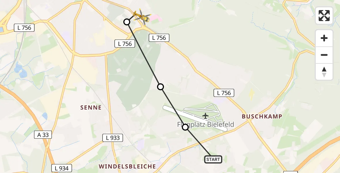 Flugroute Rettungshubschrauber Bielefeld - Luftrettungszentrum Bielefeld, 15 Februar 2026, 12:11