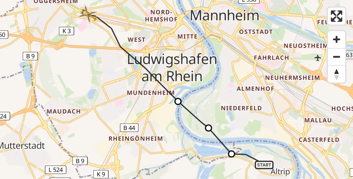 Flugroute Rettungshubschrauber Altrip - Ludwigshafen Accident Hospital Heliport, 15 Februar 2026, 12:16