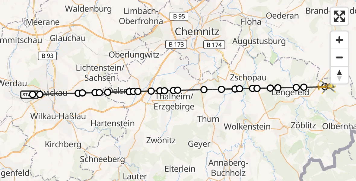 Flugroute Rettungshubschrauber ADAC Air Rescue Station Zwickau Heliport - Haselbach, 15 Februar 2026, 12:25