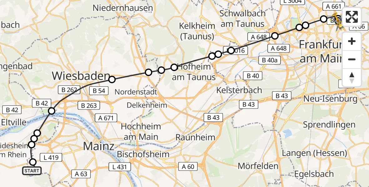 Flugroute Rettungshubschrauber Mainz-Finthen Airfield - Frankfurt am Main Accident Hospital Roof Helipad (CHX2), 15 Februar 2026, 12:28