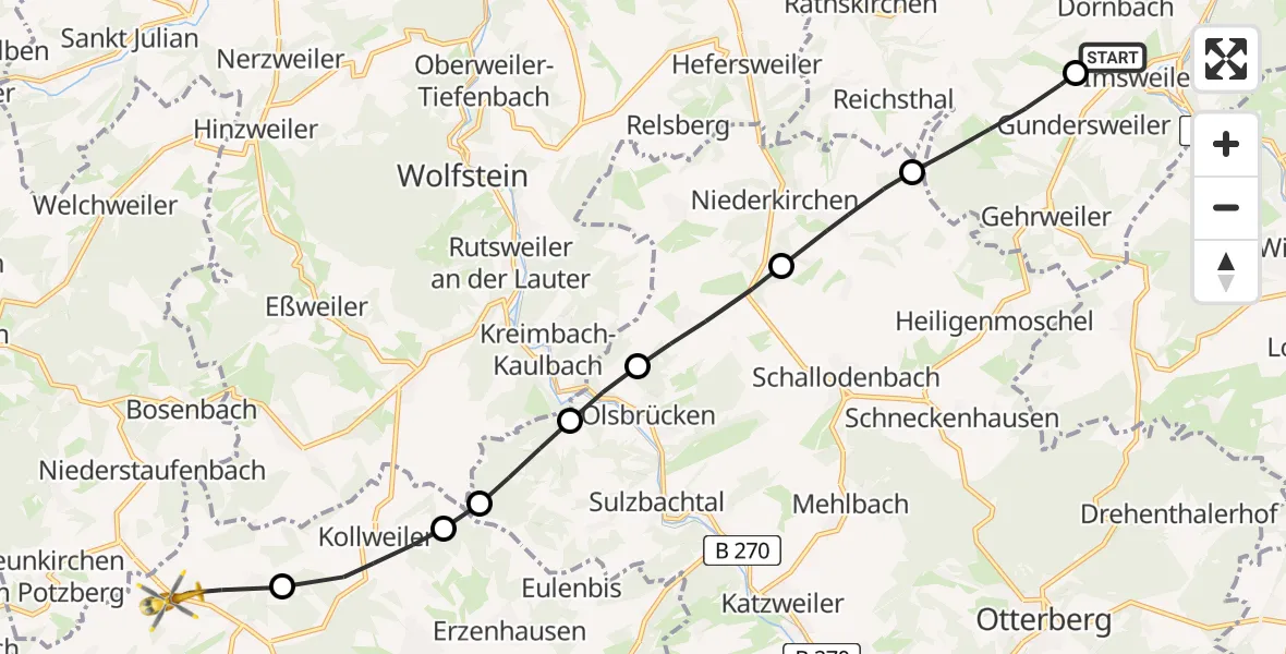 Flugroute Rettungshubschrauber Imsweiler UL - Reichenbach-Steegen, 15 Februar 2026, 12:29