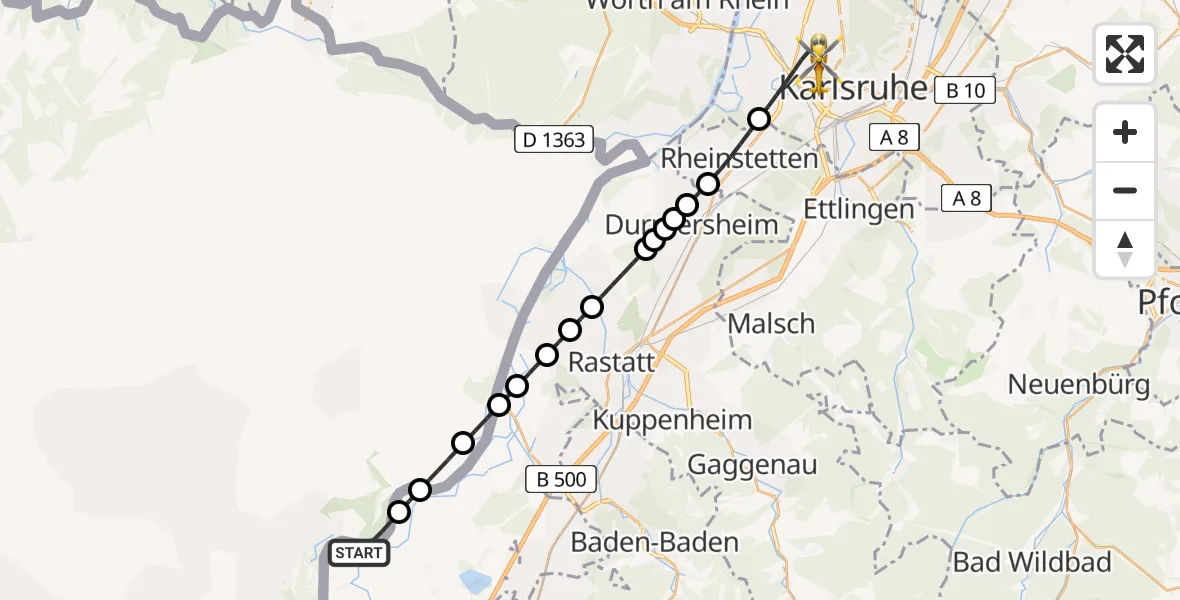 Flugroute Rettungshubschrauber Greffern - Karlsruhe, 15 Februar 2026, 12:50