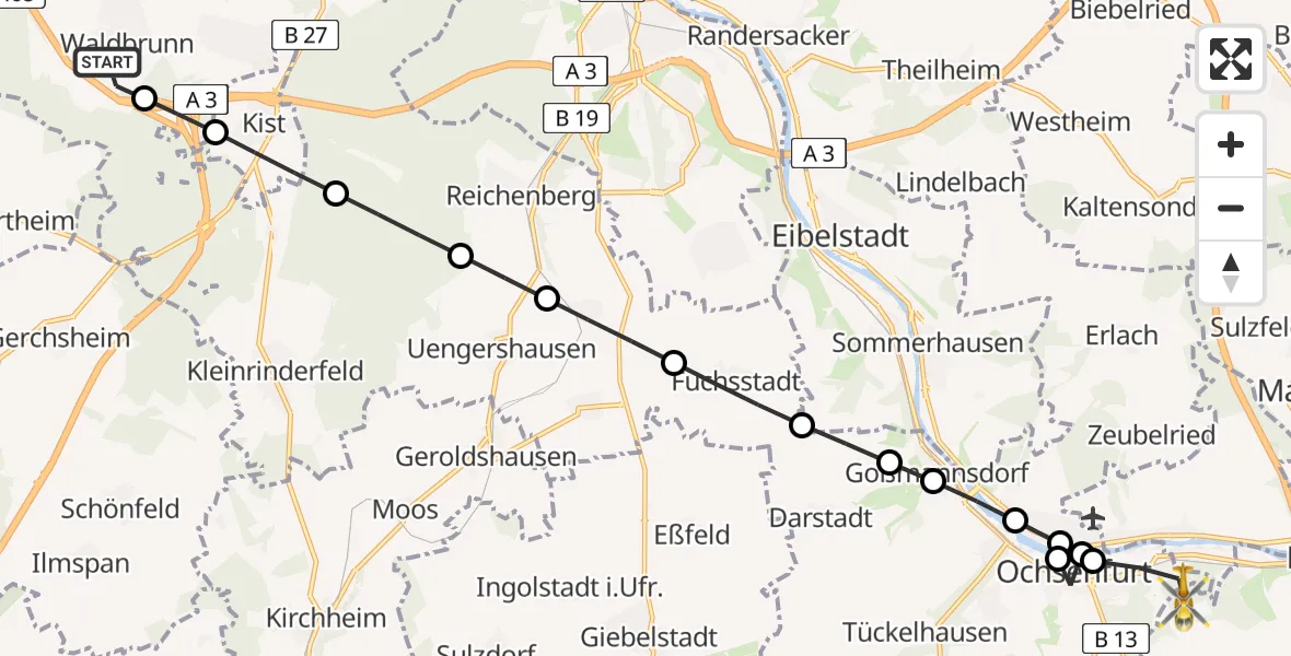 Flugroute Rettungshubschrauber Waldbrunn - Marktbreit, 15 Februar 2026, 12:52