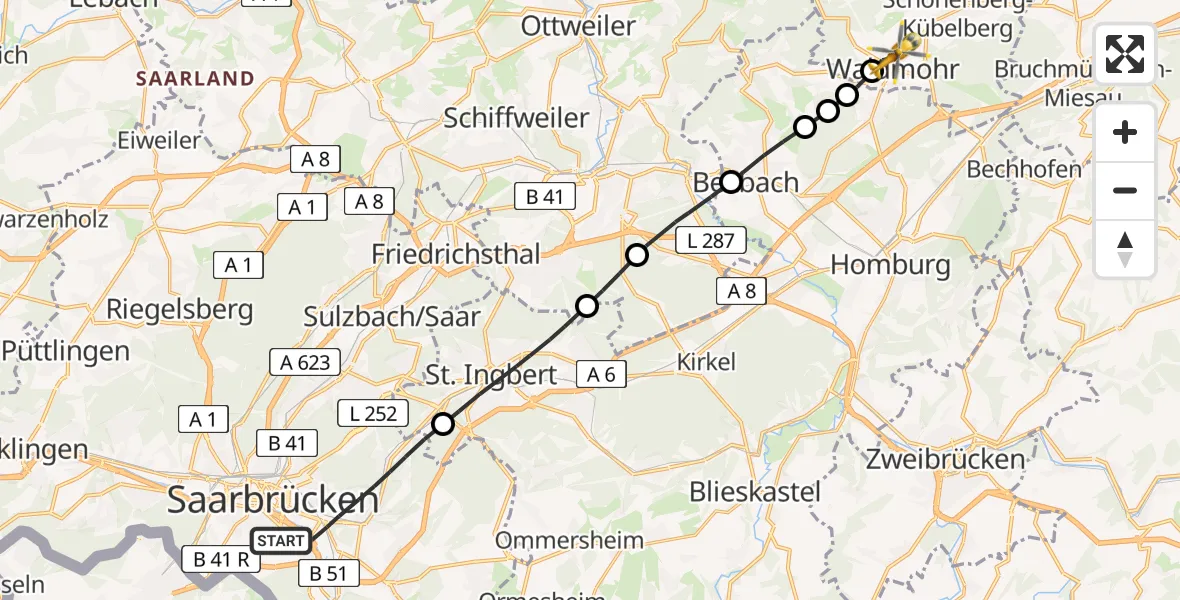 Routekaart van de vlucht: Rettungshubschrauber nach Waldmohr, Waldstraße