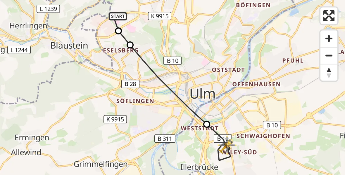 Flugroute Rettungshubschrauber ADAC Air Rescue Station Ulm (Christoph 22) - Neu-Ulm, 15 Februar 2026, 13:01
