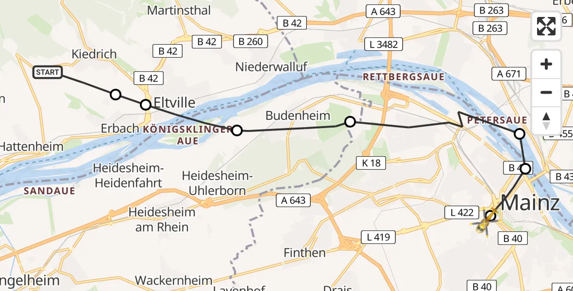 Flugroute Ambulanzhubschrauber Erbach - Mainz University Hospital Heliport, 15 Februar 2026, 13:10