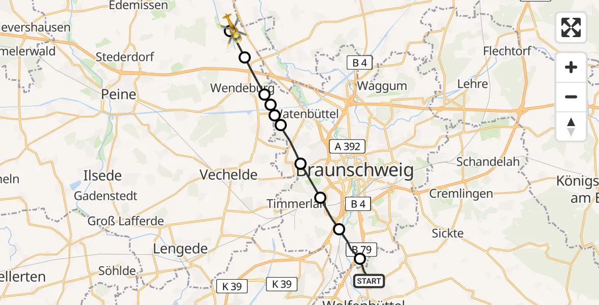 Flugroute Rettungshubschrauber Wolfenbüttel - Wense, 15 Februar 2026, 13:10
