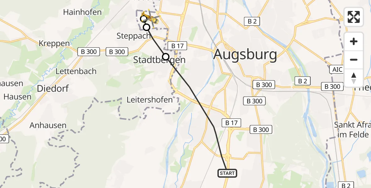 Flugroute Rettungshubschrauber Augsburg - Augsburg University Hospital Heliport, 15 Februar 2026, 13:23