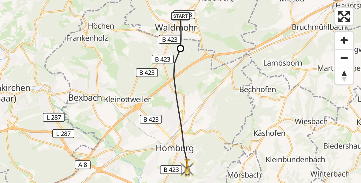 Flugroute Rettungshubschrauber Waldmohr - Homburg, 15 Februar 2026, 13:26