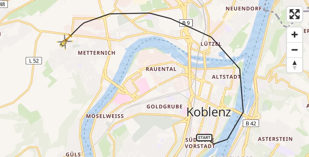 Flugroute Rettungshubschrauber Koblenz - Koblenz, 15 Februar 2026, 13:27