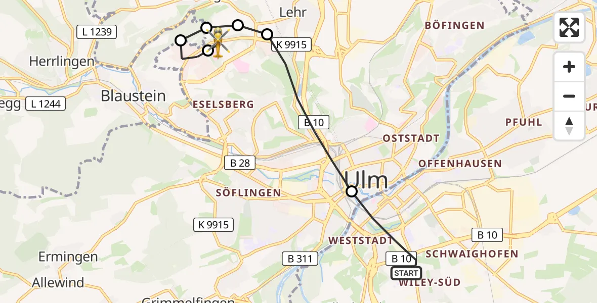 Routekaart van de vlucht: Rettungshubschrauber nach ADAC Air Rescue Station Ulm (Christoph 22)