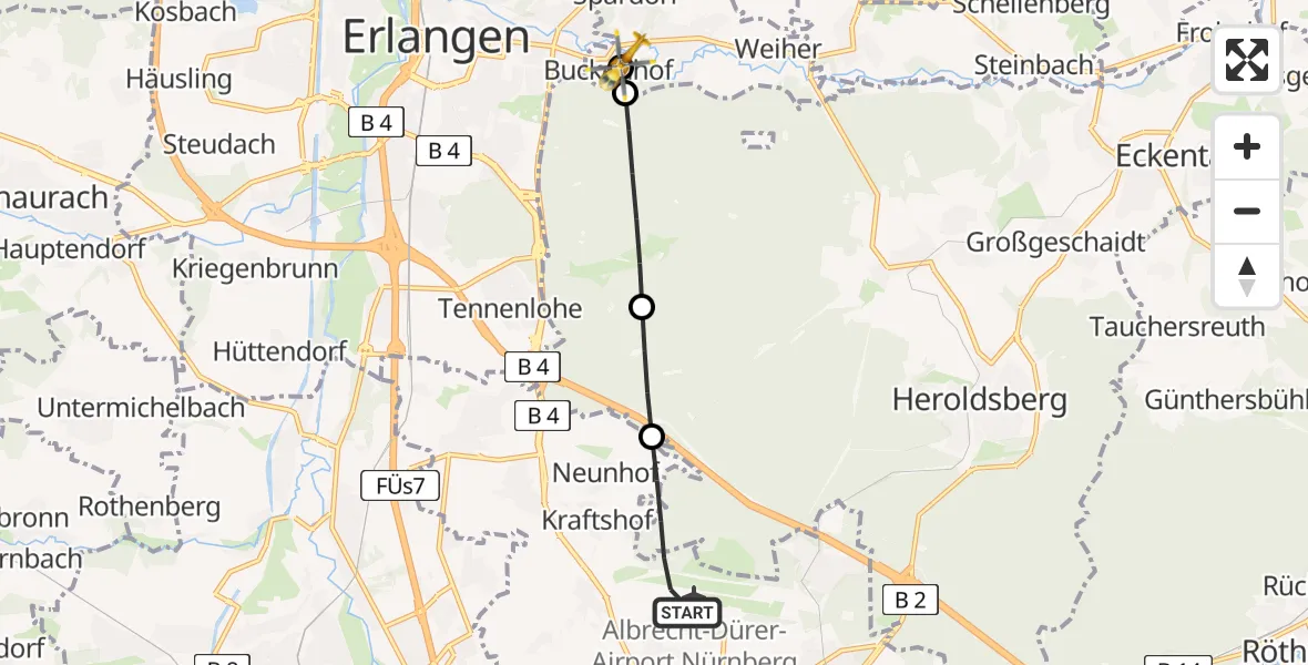 Flugroute Rettungshubschrauber Nuremberg Airport - Buckenhof, 15 Februar 2026, 13:30
