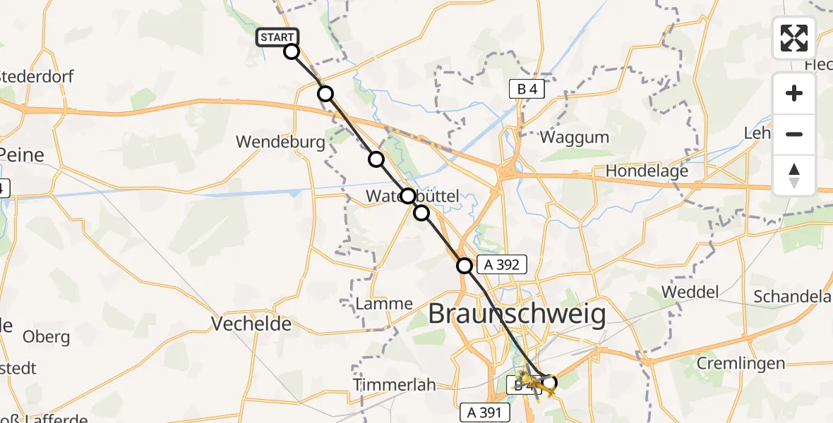 Flugroute Rettungshubschrauber Wipshausen - Braunschweig, 15 Februar 2026, 13:34