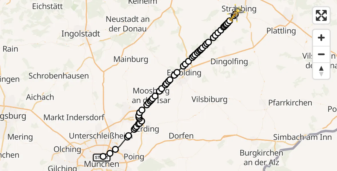 Flugroute Rettungshubschrauber München - Straubing, 15 Februar 2026, 13:34