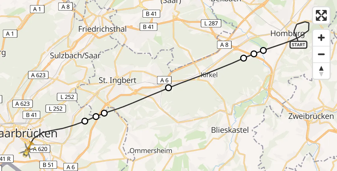 Flugroute Rettungshubschrauber Homburg - Saarbrücken, 15 Februar 2026, 13:52