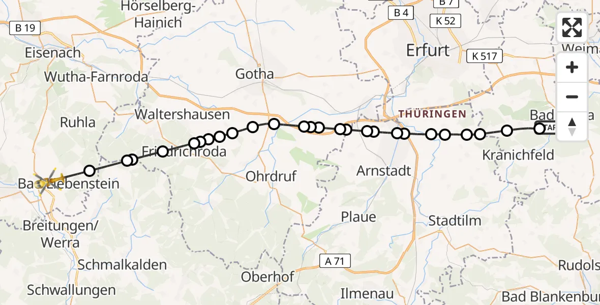 Flugroute Ambulanzhubschrauber DRF Rescue Station Bad Berka Heliport - Bad Liebenstein, 15 Februar 2026, 13:54