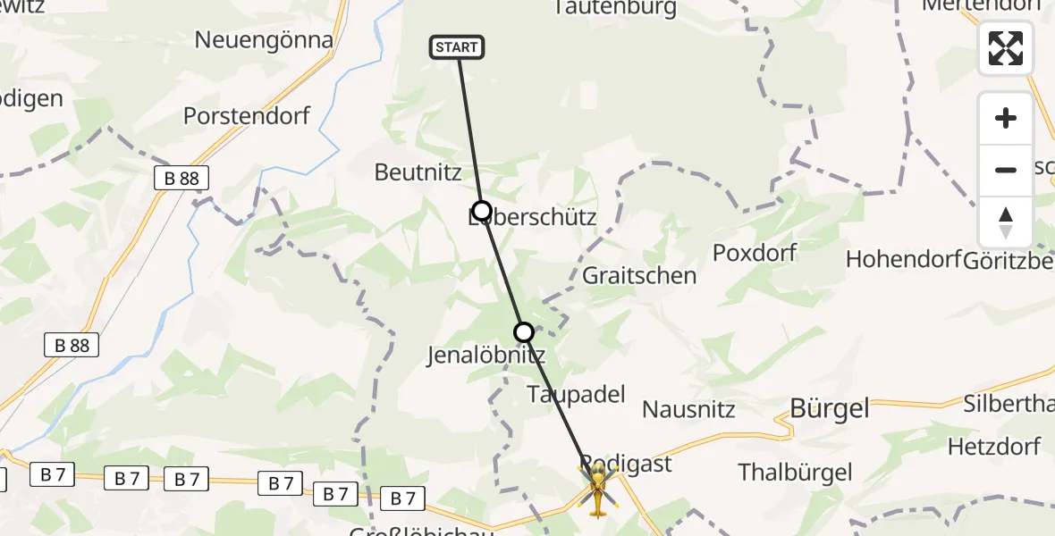 Flugroute Rettungshubschrauber Naura - Rodigast, 15 Februar 2026, 14:12