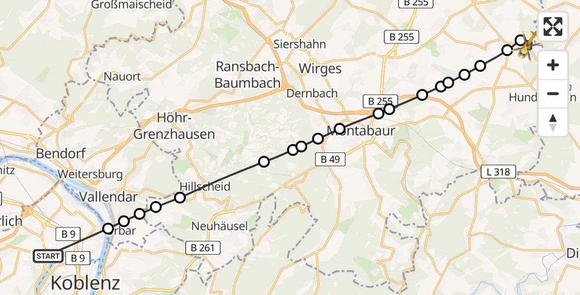 Routekaart van de vlucht: Rettungshubschrauber nach Molsberg, Hauptstraße