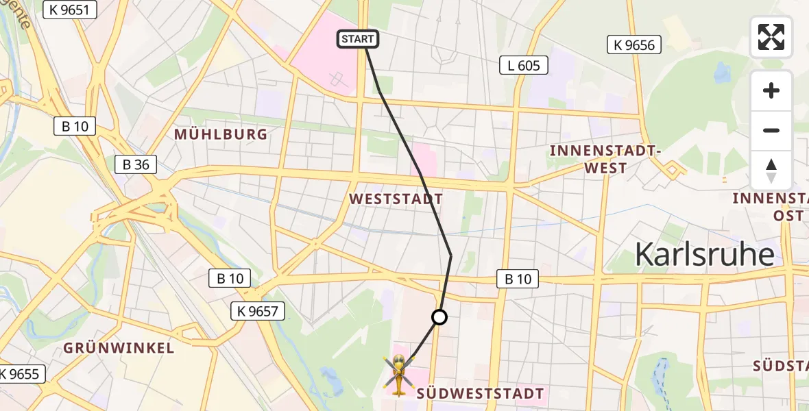 Flugroute Rettungshubschrauber Karlsruhe - Sankt Vincentius Hospital Heliport, 15 Februar 2026, 14:17