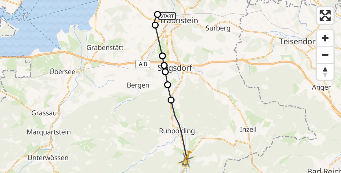 Flugroute Rettungshubschrauber Traunstein Hospital Helipad - Ruhpolding, 15 Februar 2026, 14:26
