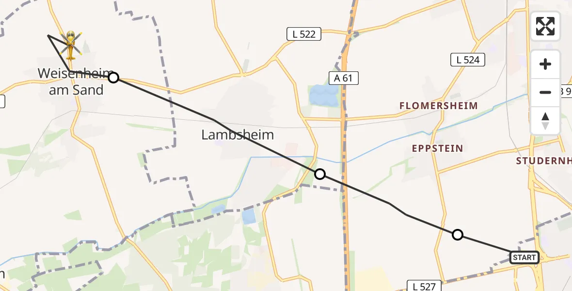 Flugroute Rettungshubschrauber Ludwigshafen am Rhein - Weisenheim am Sand, 15 Februar 2026, 14:33