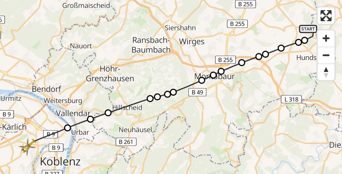 Routekaart van de vlucht: Rettungshubschrauber nach Koblenz, Rübenacher Straße