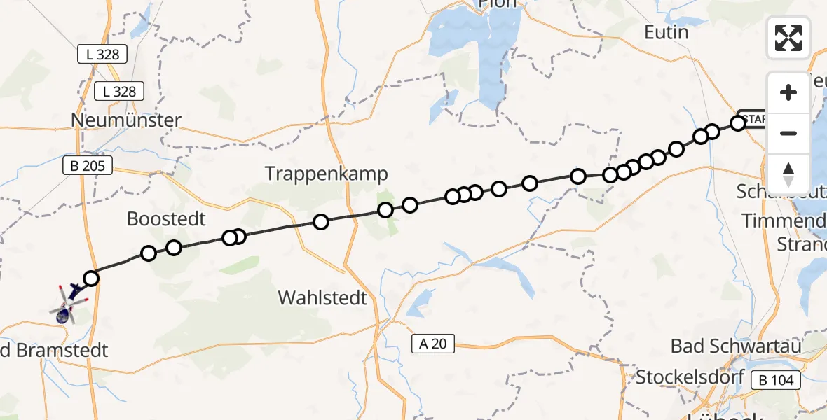 Flugroute Polizeihubschrauber Süsel - Wiemersdorf, 15 Februar 2026, 14:50