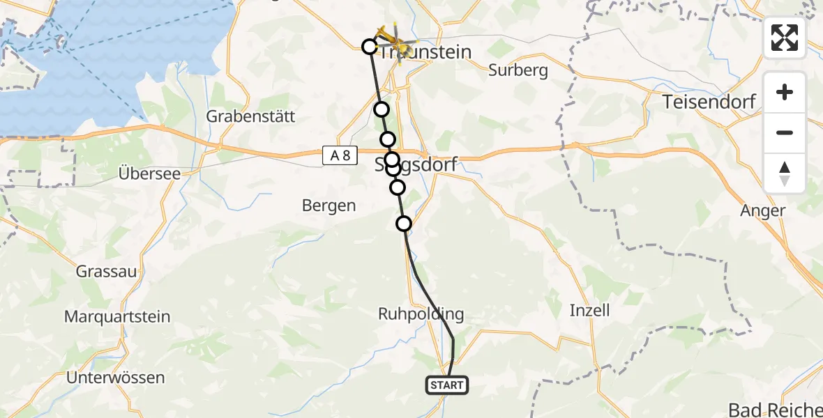 Flugroute Rettungshubschrauber Ruhpolding - Traunstein Hospital Helipad, 15 Februar 2026, 14:58