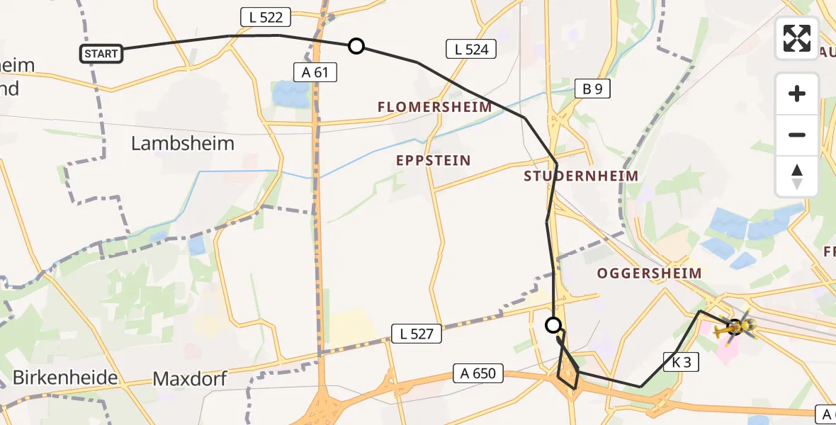 Flugroute Rettungshubschrauber Lambsheim - Ludwigshafen Accident Hospital Heliport, 15 Februar 2026, 15:06