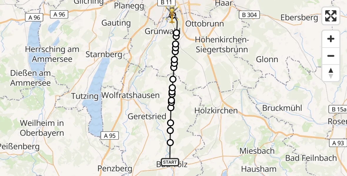Flugroute Rettungshubschrauber Bad Tölz - ADAC Air Rescue Center Heliport (Christoph 1), 15 Februar 2026, 15:06