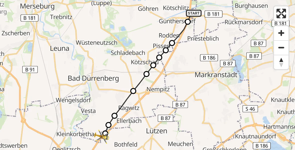 Flugroute Rettungshubschrauber ADAC Air Rescue Station Leipzig/Schkeuditz-Dölzig Heliport (Christoph 61) - Lützen, 15 Februar 2026, 15:08