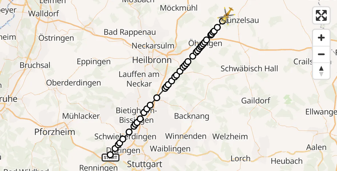 Flugroute Rettungshubschrauber Leonberg Hospital Heliport - Niedernhall, 15 Februar 2026, 15:10