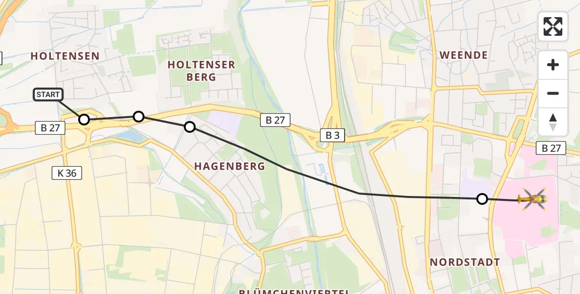 Flugroute Rettungshubschrauber Holtensen - Göttingen University Clinic Heliport, 15 Februar 2026, 15:41