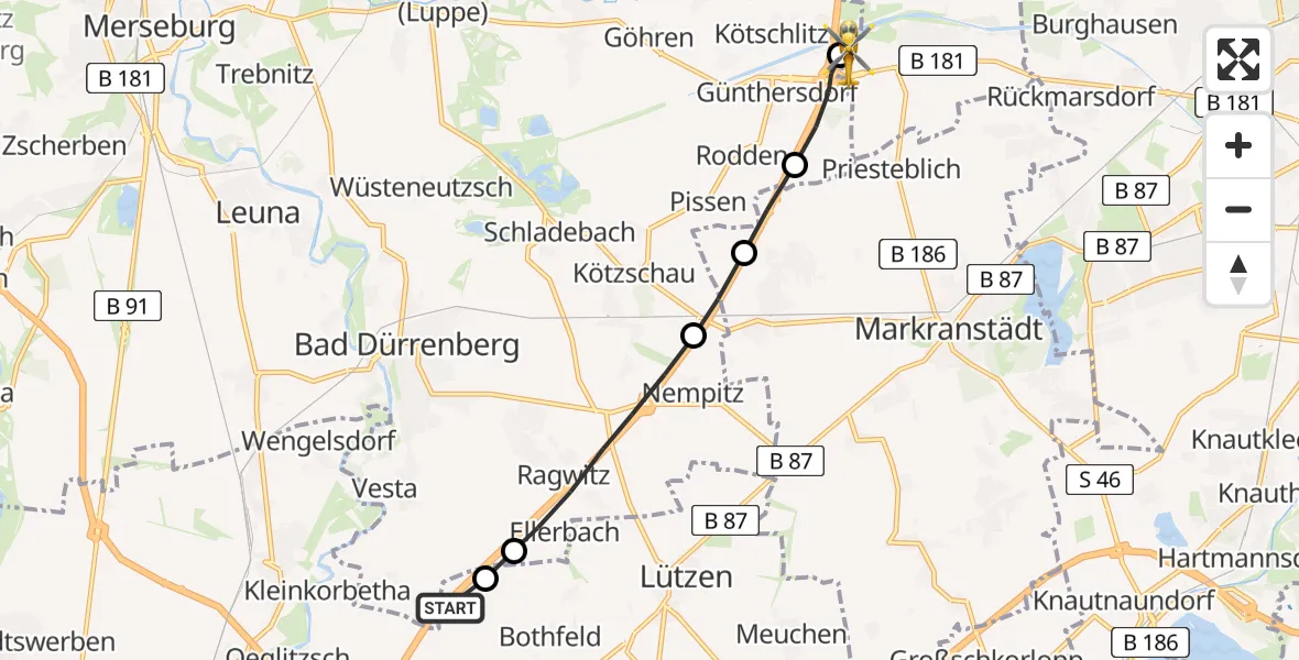 Flugroute Rettungshubschrauber Lützen - ADAC Air Rescue Station Leipzig/Schkeuditz-Dölzig Heliport (Christoph 61), 15 Februar 2026, 15:41