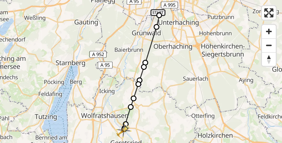 Flugroute Rettungshubschrauber ADAC Air Rescue Center Heliport (Christoph 1) - Geretsried, 15 Februar 2026, 15:45