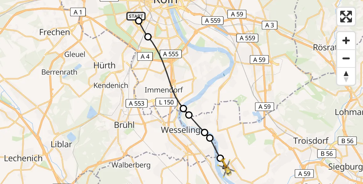 Flugroute Rettungshubschrauber Köln University Hospital Heliport - Niederkassel, 15 Februar 2026, 15:46