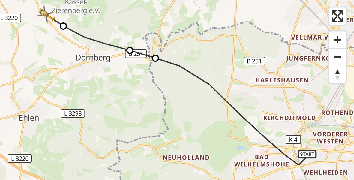 Flugroute Rettungshubschrauber Kassel - Zierenberg, 15 Februar 2026, 15:46