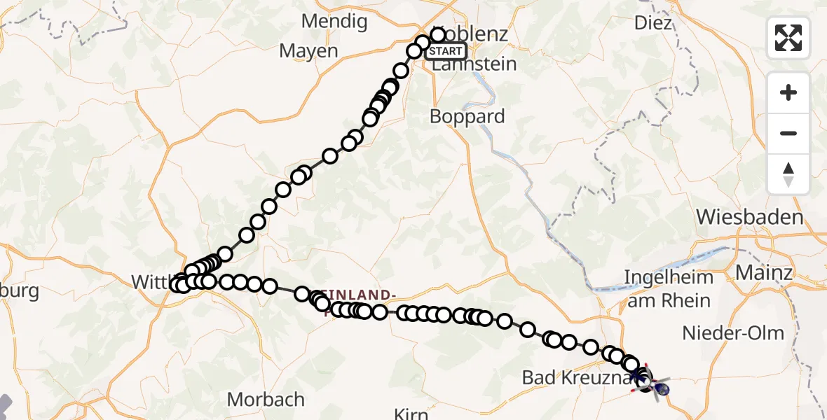 Flugroute Polizeihubschrauber Güls - Gau-Bickelheim, 15 Februar 2026, 15:52