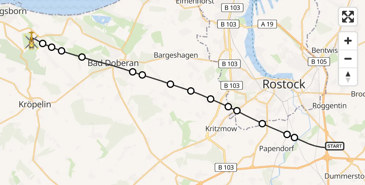 Flugroute Ambulanzhubschrauber Hohen Schwarfs - Wittenbeck, 15 Februar 2026, 15:53