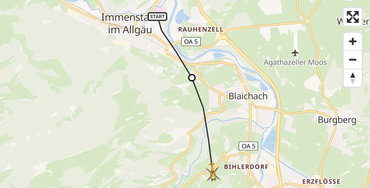 Flugroute Rettungshubschrauber Immenstadt im Allgäu - Gunzesried, 15 Februar 2026, 15:54