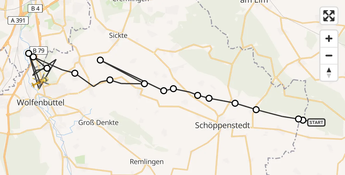 Flugroute Rettungshubschrauber Wobeck - Wolfenbüttel Municipal Hospital Heliport (Christoph 30), 15 Februar 2026, 16:00
