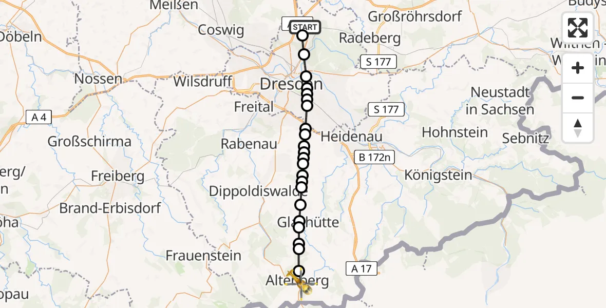 Flugroute Rettungshubschrauber Dresden Airport - Altenberg, 15 Februar 2026, 16:02