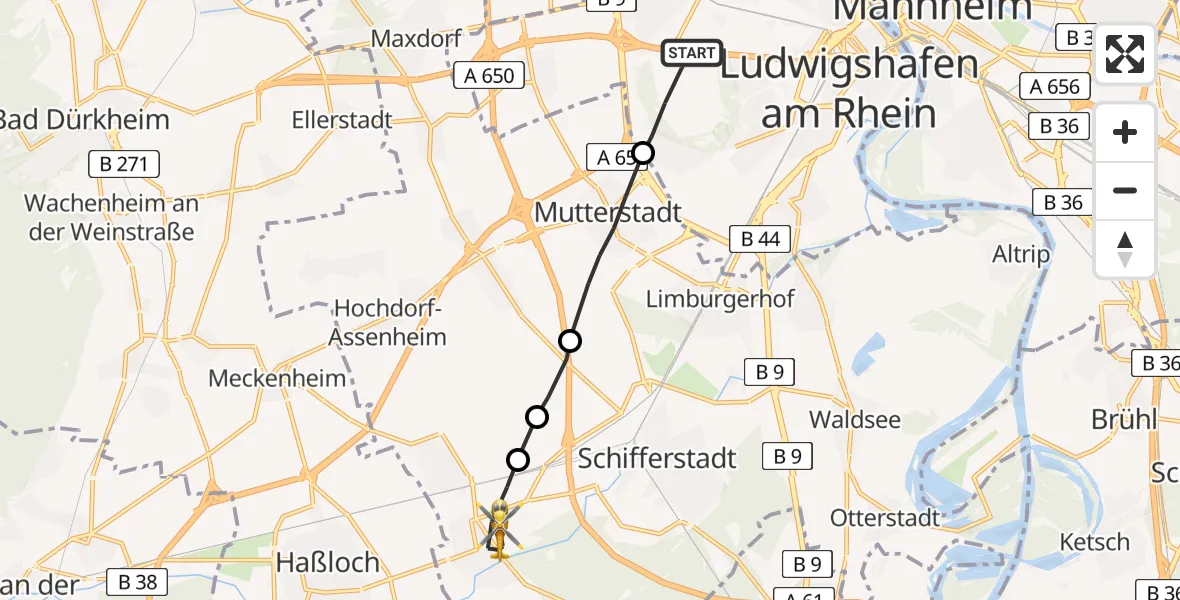Routekaart van de vlucht: Rettungshubschrauber nach Böhl-Iggelheim, Schwelgenäcker Weg